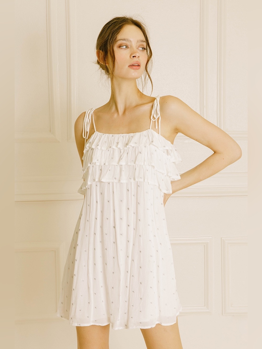 Storia Glitter Star Print Ruffled Mini Dress